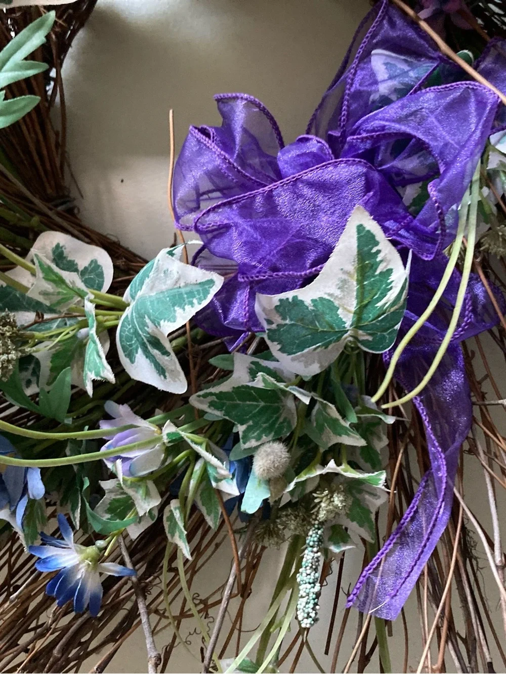 Twig Ivy Wreath Blue Flowers Greenery Purple Bow Floral Door Decor 24” Wide